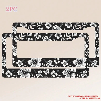 2PC Hibiscus Flower License Plate Frames- Hawiian Tropical Floral Aluminum Metal License Plate Holder Covers,Rust-Proof Waterproof Car Decorative Frames Standard US 12x6 Inch