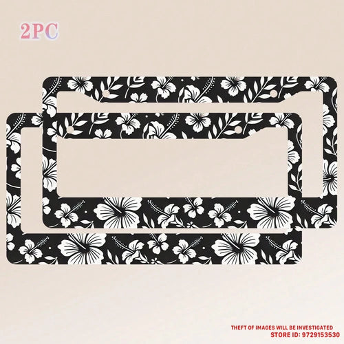 2PC Hibiscus Flower License Plate Frames- Hawiian Tropical Floral Aluminum Metal License Plate Holder Covers,Rust-Proof Waterproof Car Decorative Frames Standard US 12x6 Inch