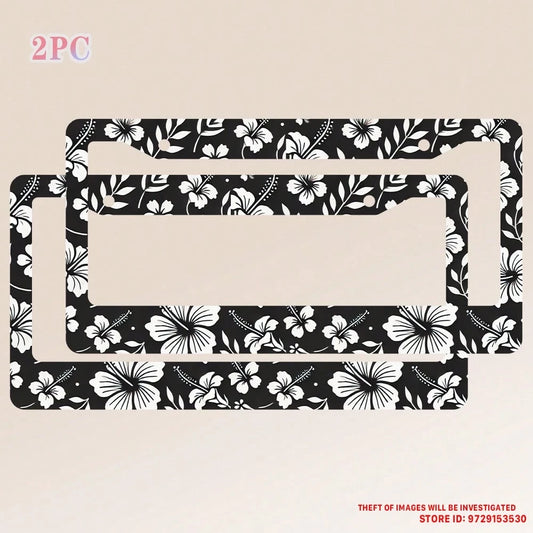 2PC Hibiscus Flower License Plate Frames- Hawiian Tropical Floral Aluminum Metal License Plate Holder Covers,Rust-Proof Waterproof Car Decorative Frames Standard US 12x6 Inch