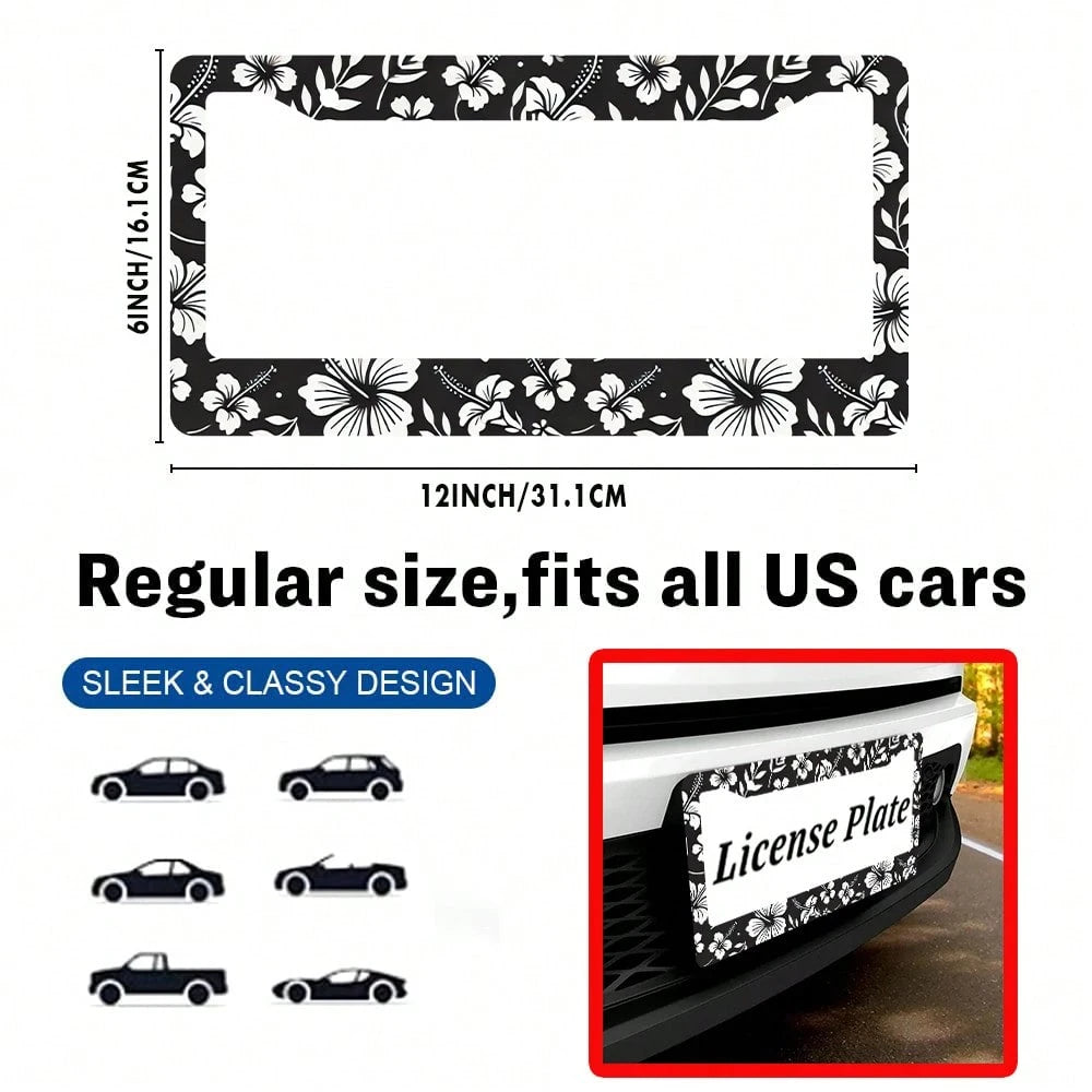 2PC Hibiscus Flower License Plate Frames- Hawiian Tropical Floral Aluminum Metal License Plate Holder Covers,Rust-Proof Waterproof Car Decorative Frames Standard US 12x6 Inch