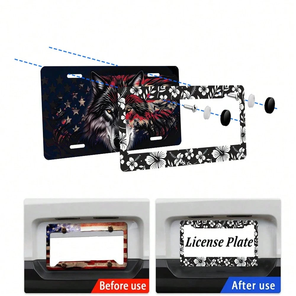 2PC Hibiscus Flower License Plate Frames- Hawiian Tropical Floral Aluminum Metal License Plate Holder Covers,Rust-Proof Waterproof Car Decorative Frames Standard US 12x6 Inch