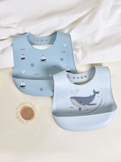 2pcs/1pc Baby Silicone Bibs- Leakproof, Stain-Resistant, Soft, Adjustable, Boil-, Portable, Cartoon Design, Suitable For Baby Daily Use And Outdoor Dining