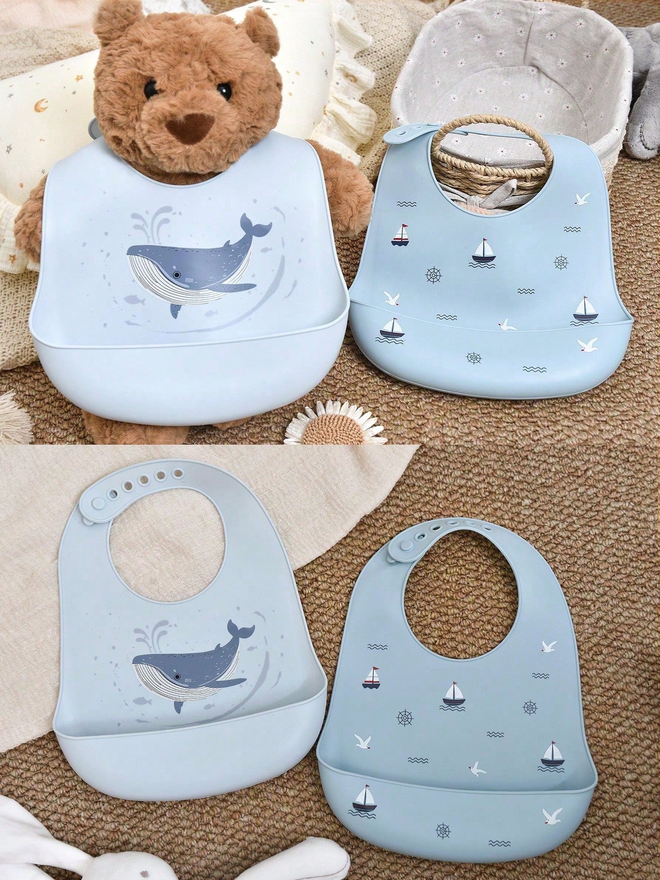 2pcs/1pc Baby Silicone Bibs- Leakproof, Stain-Resistant, Soft, Adjustable, Boil-, Portable, Cartoon Design, Suitable For Baby Daily Use And Outdoor Dining