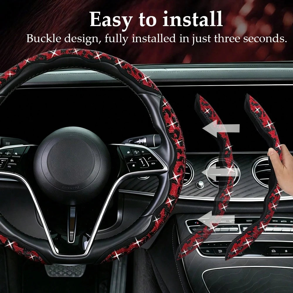 2pcs/3pcs Car Steering Wheel Accessories Kit, Cute Premium Interior Decor With Crystal Rhinestone And Leopard Print Unique Pattern, Durable ABS Plastic Material, Anti-Slip And Anti-Sweat, All-Season U