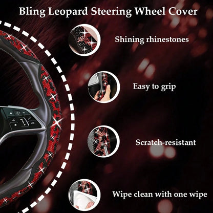 2pcs/3pcs Car Steering Wheel Accessories Kit, Cute Premium Interior Decor With Crystal Rhinestone And Leopard Print Unique Pattern, Durable ABS Plastic Material, Anti-Slip And Anti-Sweat, All-Season U