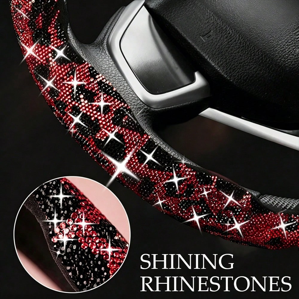 2pcs/3pcs Car Steering Wheel Accessories Kit, Cute Premium Interior Decor With Crystal Rhinestone And Leopard Print Unique Pattern, Durable ABS Plastic Material, Anti-Slip And Anti-Sweat, All-Season U