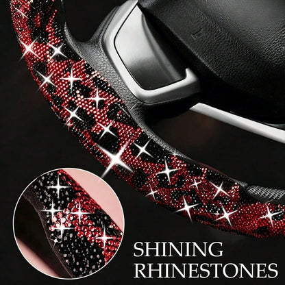 2pcs/3pcs Car Steering Wheel Accessories Kit, Cute Premium Interior Decor With Crystal Rhinestone And Leopard Print Unique Pattern, Durable ABS Plastic Material, Anti-Slip And Anti-Sweat, All-Season U