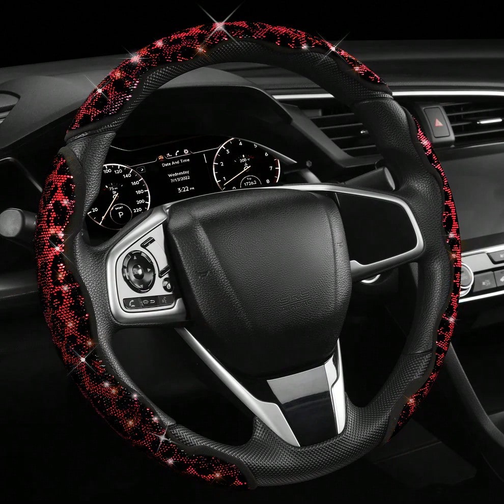 2pcs/3pcs Car Steering Wheel Accessories Kit, Cute Premium Interior Decor With Crystal Rhinestone And Leopard Print Unique Pattern, Durable ABS Plastic Material, Anti-Slip And Anti-Sweat, All-Season U