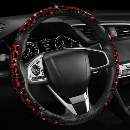 2pcs/3pcs Car Steering Wheel Accessories Kit, Cute Premium Interior Decor With Crystal Rhinestone And Leopard Print Unique Pattern, Durable ABS Plastic Material, Anti-Slip And Anti-Sweat, All-Season U