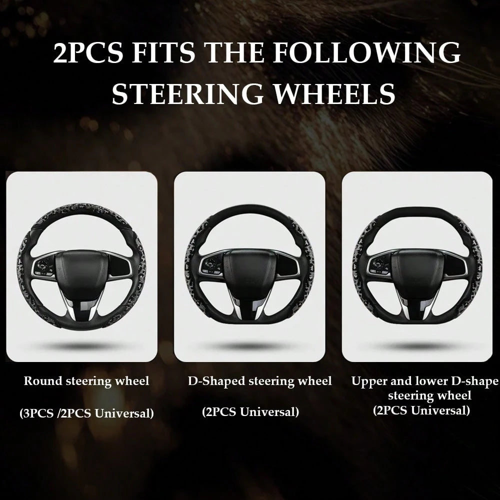 2pcs/3pcs Car Steering Wheel Accessories Kit, Cute Premium Interior Decor With Crystal Rhinestone And Leopard Print Unique Pattern, Durable ABS Plastic Material, Anti-Slip And Anti-Sweat, All-Season U