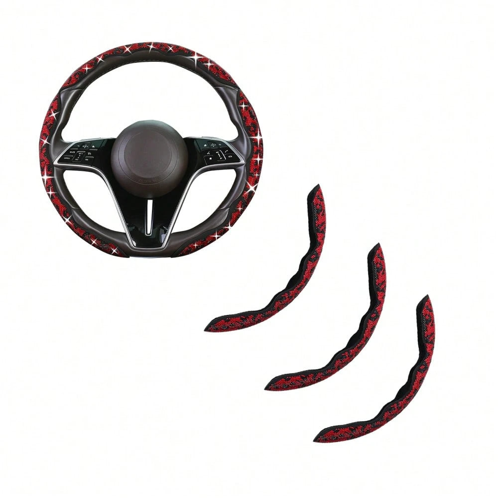 2pcs/3pcs Car Steering Wheel Accessories Kit, Cute Premium Interior Decor With Crystal Rhinestone And Leopard Print Unique Pattern, Durable ABS Plastic Material, Anti-Slip And Anti-Sweat, All-Season U