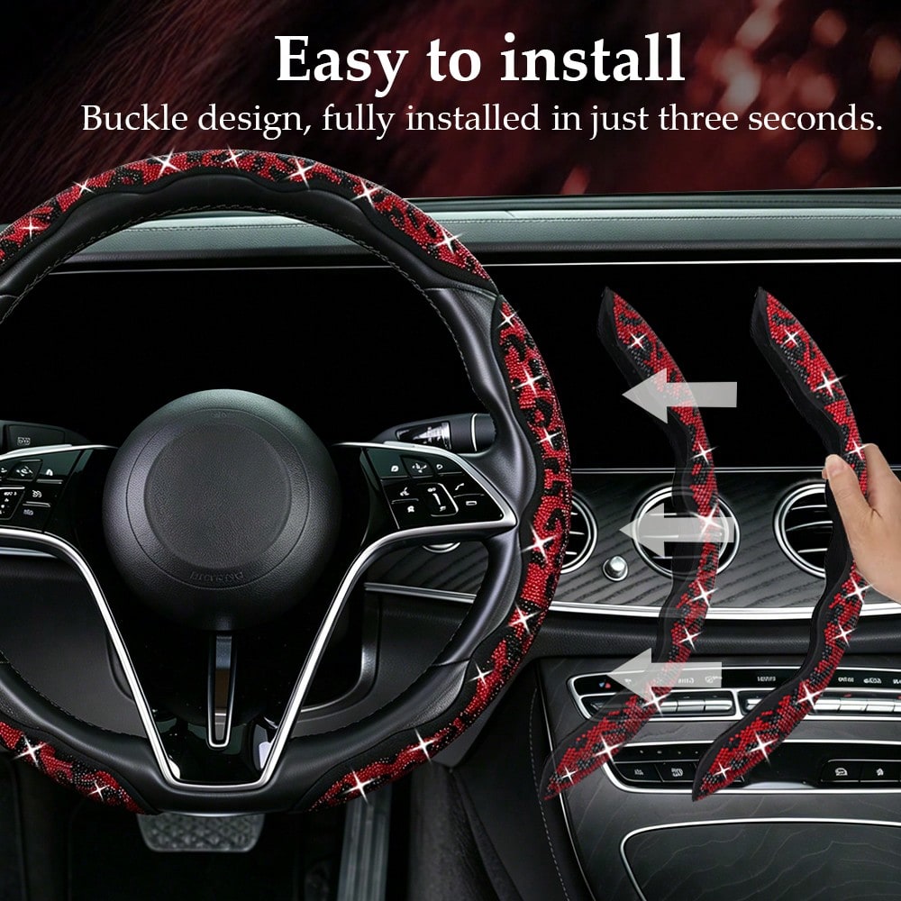 2pcs/3pcs Car Steering Wheel Accessories Kit, Cute Premium Interior Decor With Crystal Rhinestone And Leopard Print Unique Pattern, Durable ABS Plastic Material, Anti-Slip And Anti-Sweat, All-Season U