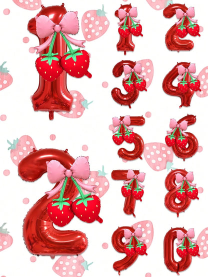 2pcs 40 Inch Red 0-9 Number + Bow Strawberry Foil Balloon Set, Suitable For Birthday Party, Baby Shower Decoration