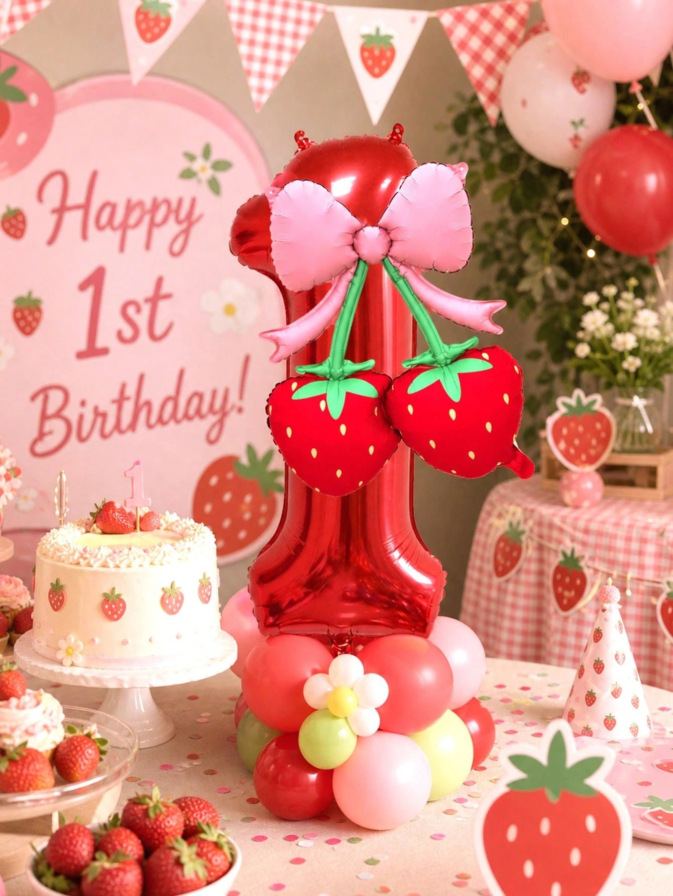 2pcs 40 Inch Red 0-9 Number + Bow Strawberry Foil Balloon Set, Suitable For Birthday Party, Baby Shower Decoration