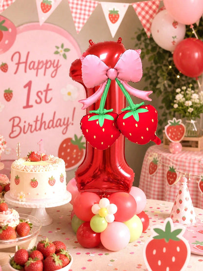 2pcs 40 Inch Red 0-9 Number + Bow Strawberry Foil Balloon Set, Suitable For Birthday Party, Baby Shower Decoration