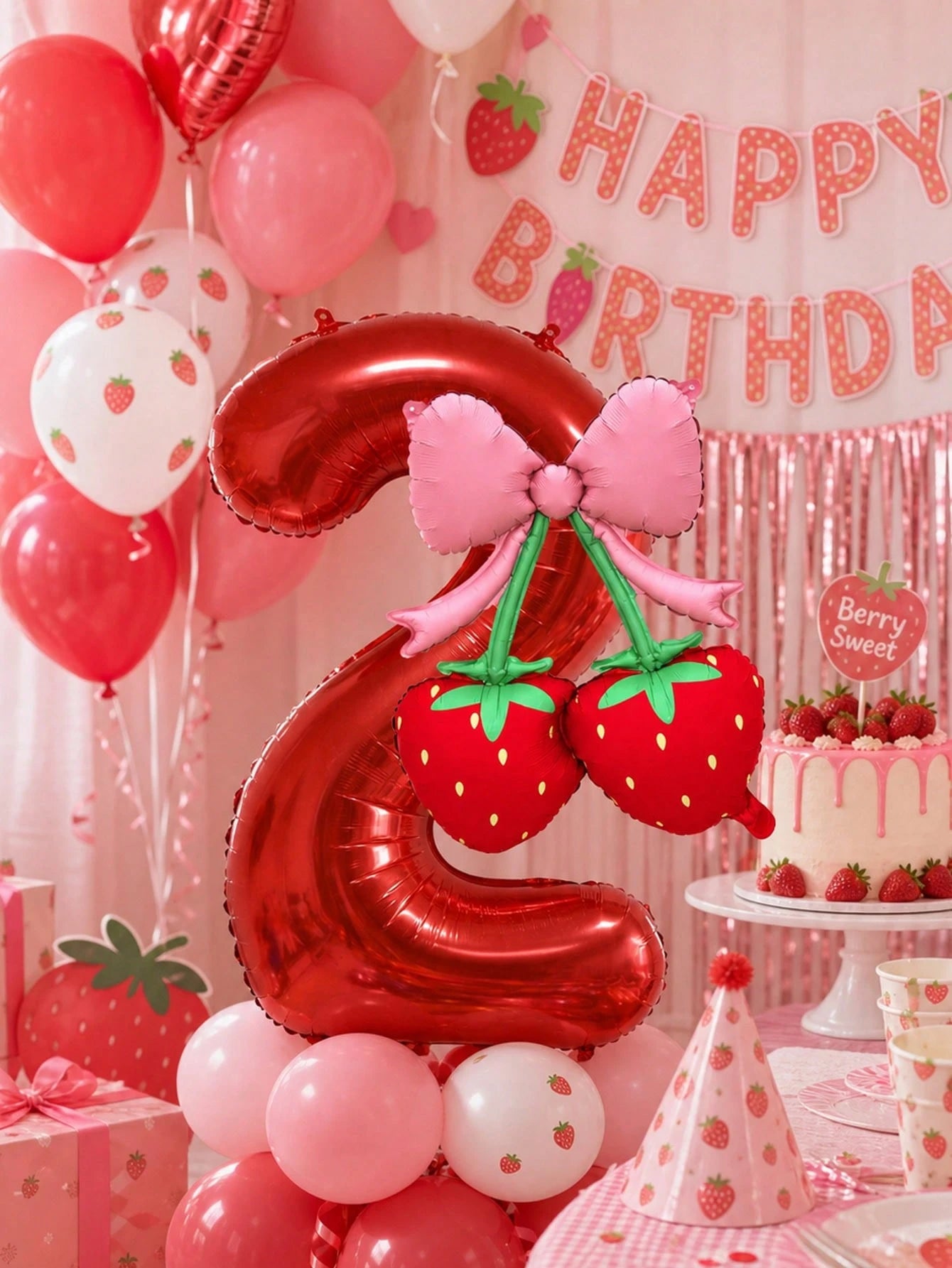 2pcs 40 Inch Red 0-9 Number + Bow Strawberry Foil Balloon Set, Suitable For Birthday Party, Baby Shower Decoration