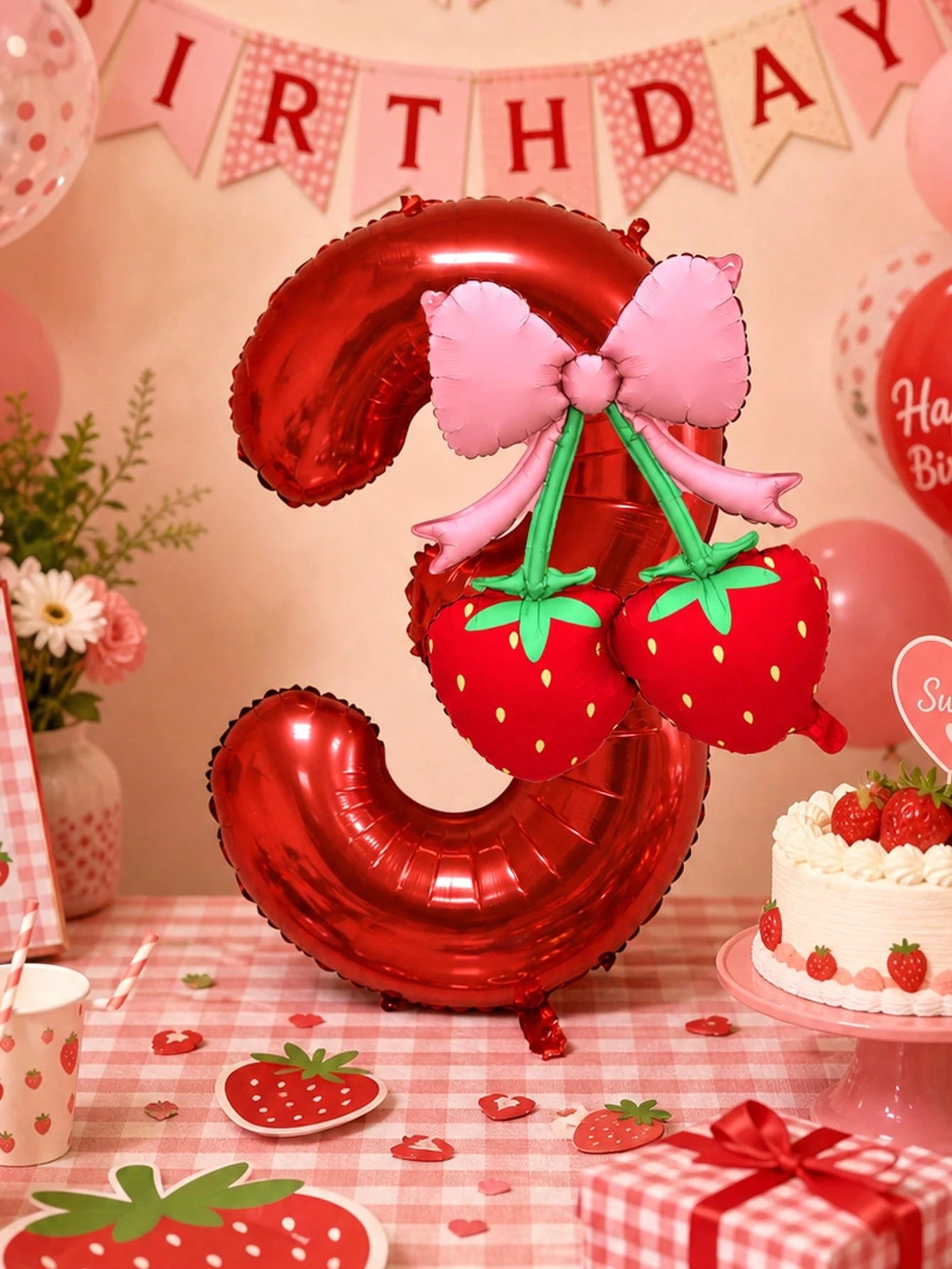 2pcs 40 Inch Red 0-9 Number + Bow Strawberry Foil Balloon Set, Suitable For Birthday Party, Baby Shower Decoration