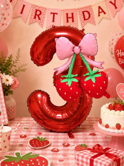 2pcs 40 Inch Red 0-9 Number + Bow Strawberry Foil Balloon Set, Suitable For Birthday Party, Baby Shower Decoration