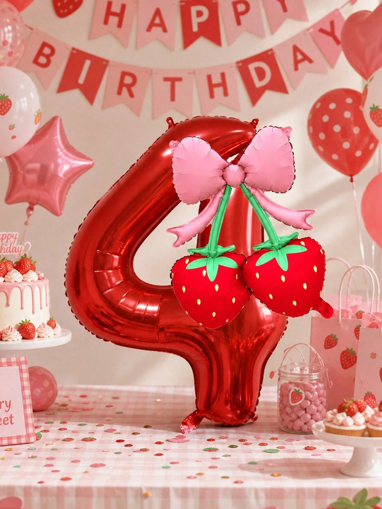 2pcs 40 Inch Red 0-9 Number + Bow Strawberry Foil Balloon Set, Suitable For Birthday Party, Baby Shower Decoration