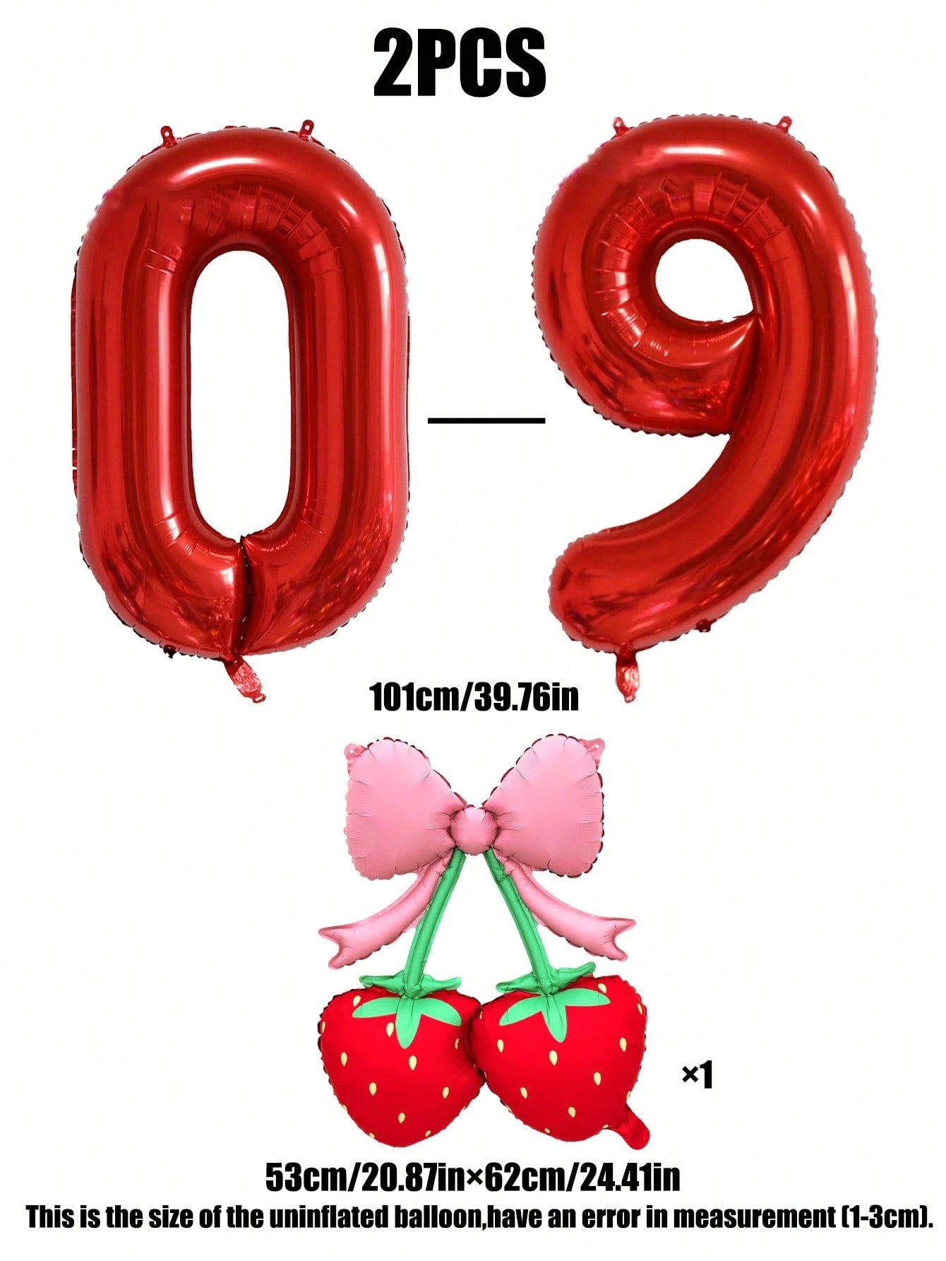 2pcs 40 Inch Red 0-9 Number + Bow Strawberry Foil Balloon Set, Suitable For Birthday Party, Baby Shower Decoration