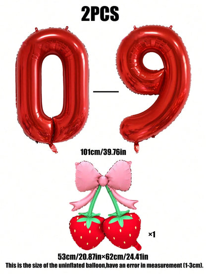 2pcs 40 Inch Red 0-9 Number + Bow Strawberry Foil Balloon Set, Suitable For Birthday Party, Baby Shower Decoration