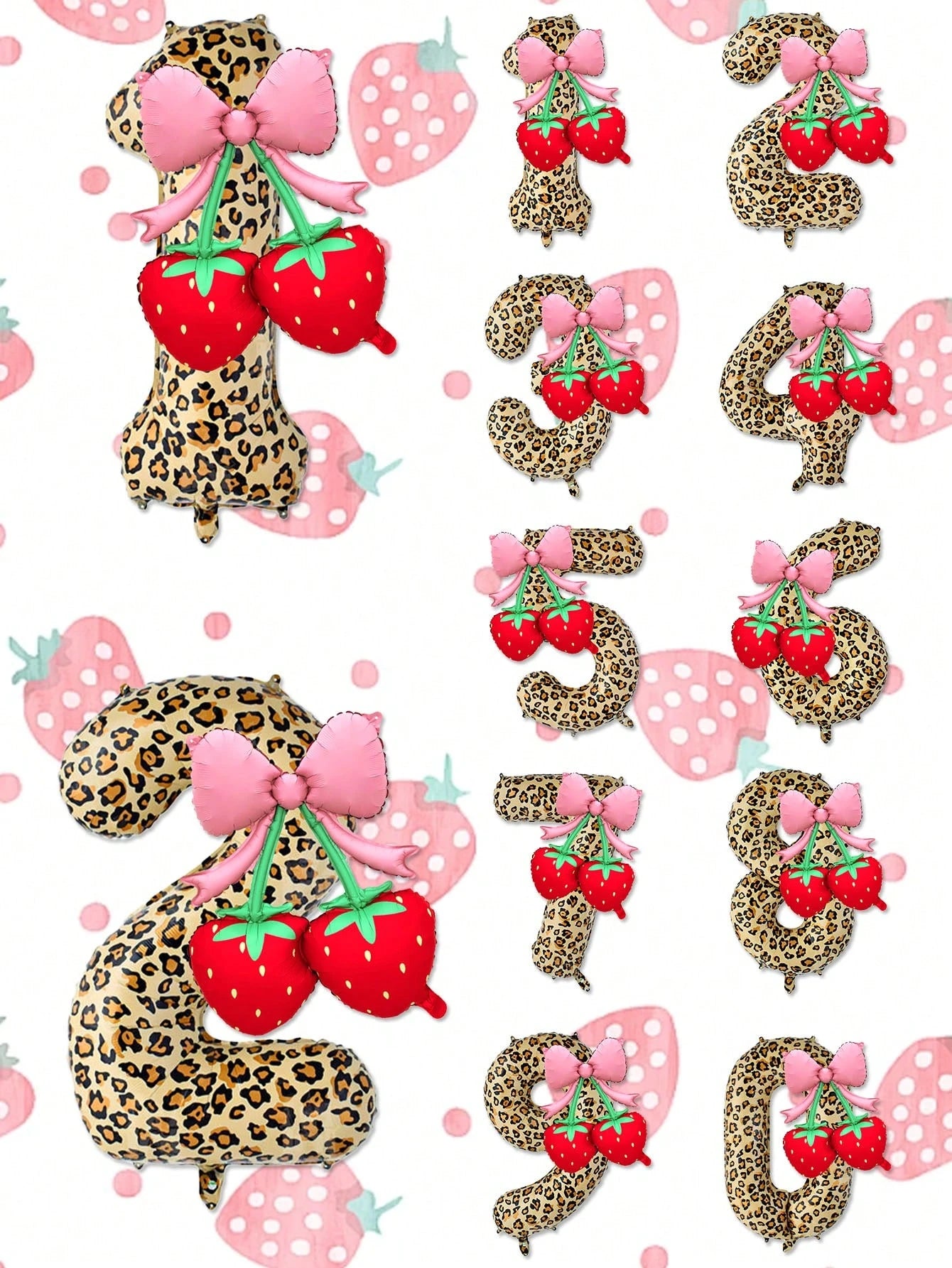2pcs 40 Inch Red 0-9 Number + Bow Strawberry Foil Balloon Set, Suitable For Birthday Party, Baby Shower Decoration