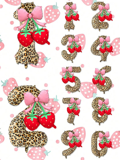 2pcs 40 Inch Red 0-9 Number + Bow Strawberry Foil Balloon Set, Suitable For Birthday Party, Baby Shower Decoration