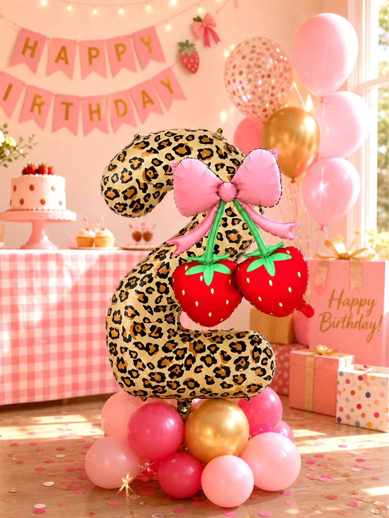 2pcs 40 Inch Red 0-9 Number + Bow Strawberry Foil Balloon Set, Suitable For Birthday Party, Baby Shower Decoration