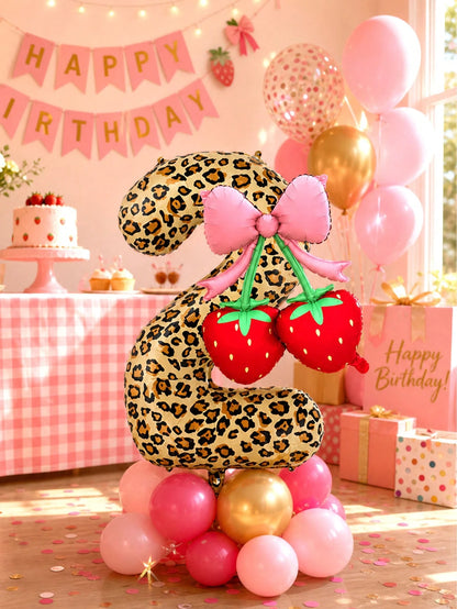 2pcs 40 Inch Red 0-9 Number + Bow Strawberry Foil Balloon Set, Suitable For Birthday Party, Baby Shower Decoration