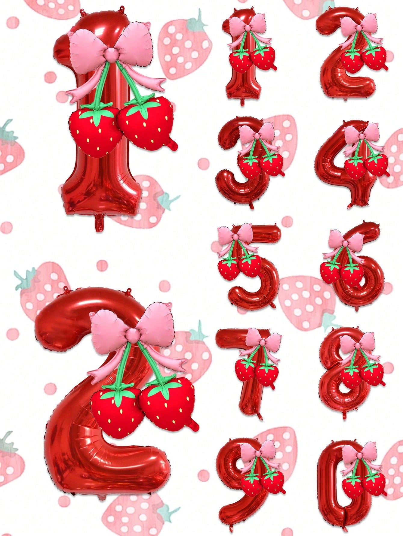 2pcs 40 Inch Red 0-9 Number + Bow Strawberry Foil Balloon Set, Suitable For Birthday Party, Baby Shower Decoration