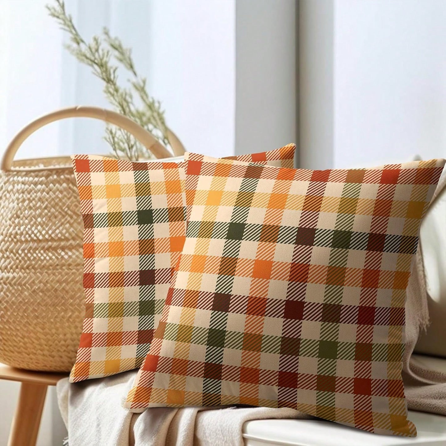 2pcs Autumn Plaid Pillow Covers, Vintage Orange Yellow Buffalo Check Cushion Covers, Linen Texture Farmhouse Harvest Decor Pillow Covers, Suitable For Sofa And Bedroom Home Decor, Pillow Insert Not In