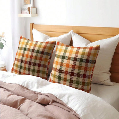 2pcs Autumn Plaid Pillow Covers, Vintage Orange Yellow Buffalo Check Cushion Covers, Linen Texture Farmhouse Harvest Decor Pillow Covers, Suitable For Sofa And Bedroom Home Decor, Pillow Insert Not In