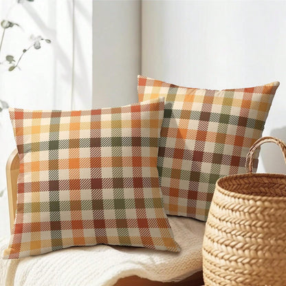 2pcs Autumn Plaid Pillow Covers, Vintage Orange Yellow Buffalo Check Cushion Covers, Linen Texture Farmhouse Harvest Decor Pillow Covers, Suitable For Sofa And Bedroom Home Decor, Pillow Insert Not In