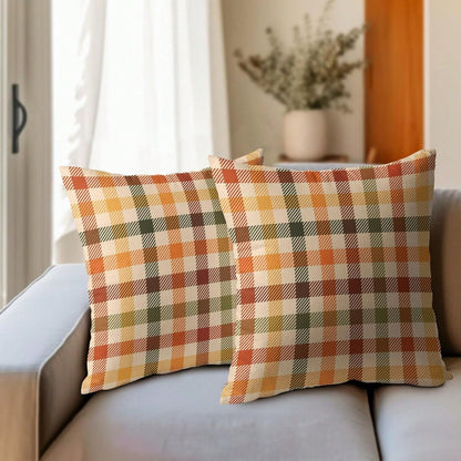 2pcs Autumn Plaid Pillow Covers, Vintage Orange Yellow Buffalo Check Cushion Covers, Linen Texture Farmhouse Harvest Decor Pillow Covers, Suitable For Sofa And Bedroom Home Decor, Pillow Insert Not In