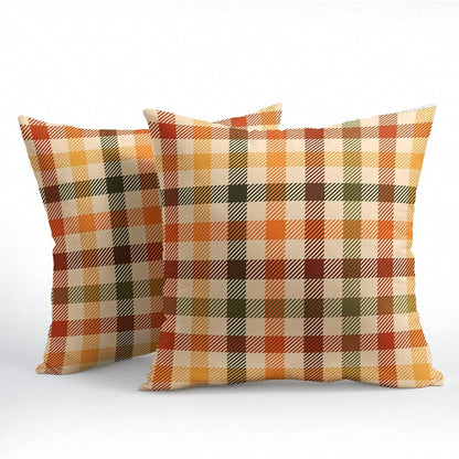 2pcs Autumn Plaid Pillow Covers, Vintage Orange Yellow Buffalo Check Cushion Covers, Linen Texture Farmhouse Harvest Decor Pillow Covers, Suitable For Sofa And Bedroom Home Decor, Pillow Insert Not In