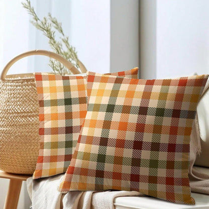 2pcs Autumn Plaid Pillow Covers, Vintage Orange Yellow Buffalo Check Cushion Covers, Linen Texture Farmhouse Harvest Decor Pillow Covers, Suitable For Sofa And Bedroom Home Decor, Pillow Insert Not In