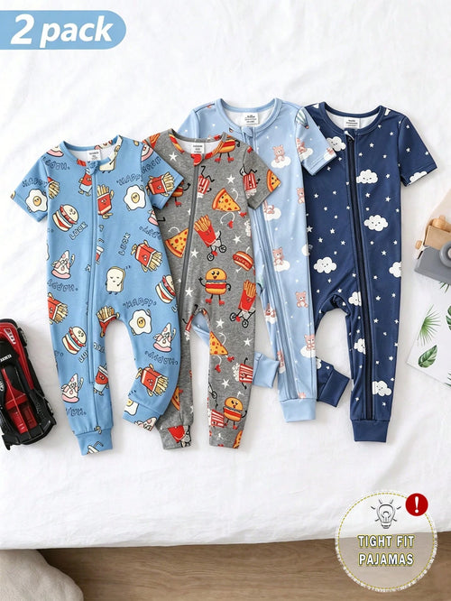 2pcs Baby Boy Cartoon Cloud & Bear Print Tight-Fit Short Sleeve Top And Pants Set, Casual Comfortable Soft Stretchy Zipper Pajamas, Summer