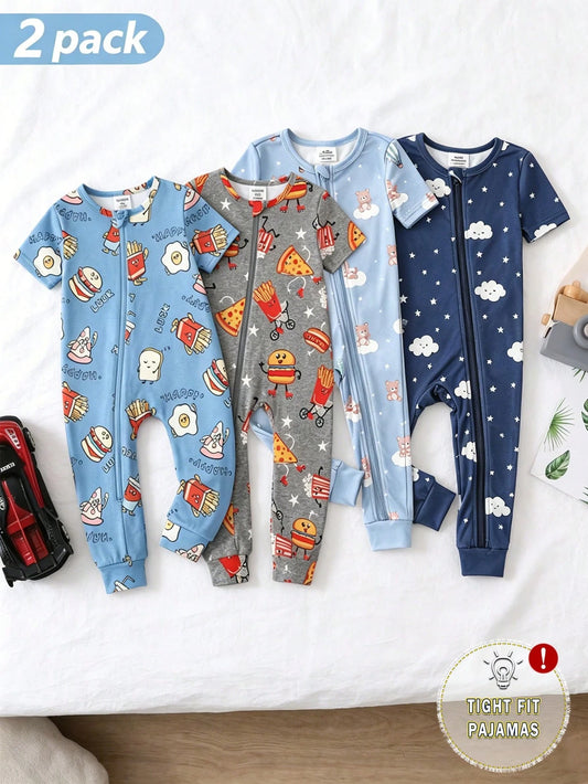 2pcs Baby Boy Cartoon Cloud & Bear Print Tight-Fit Short Sleeve Top And Pants Set, Casual Comfortable Soft Stretchy Zipper Pajamas, Summer