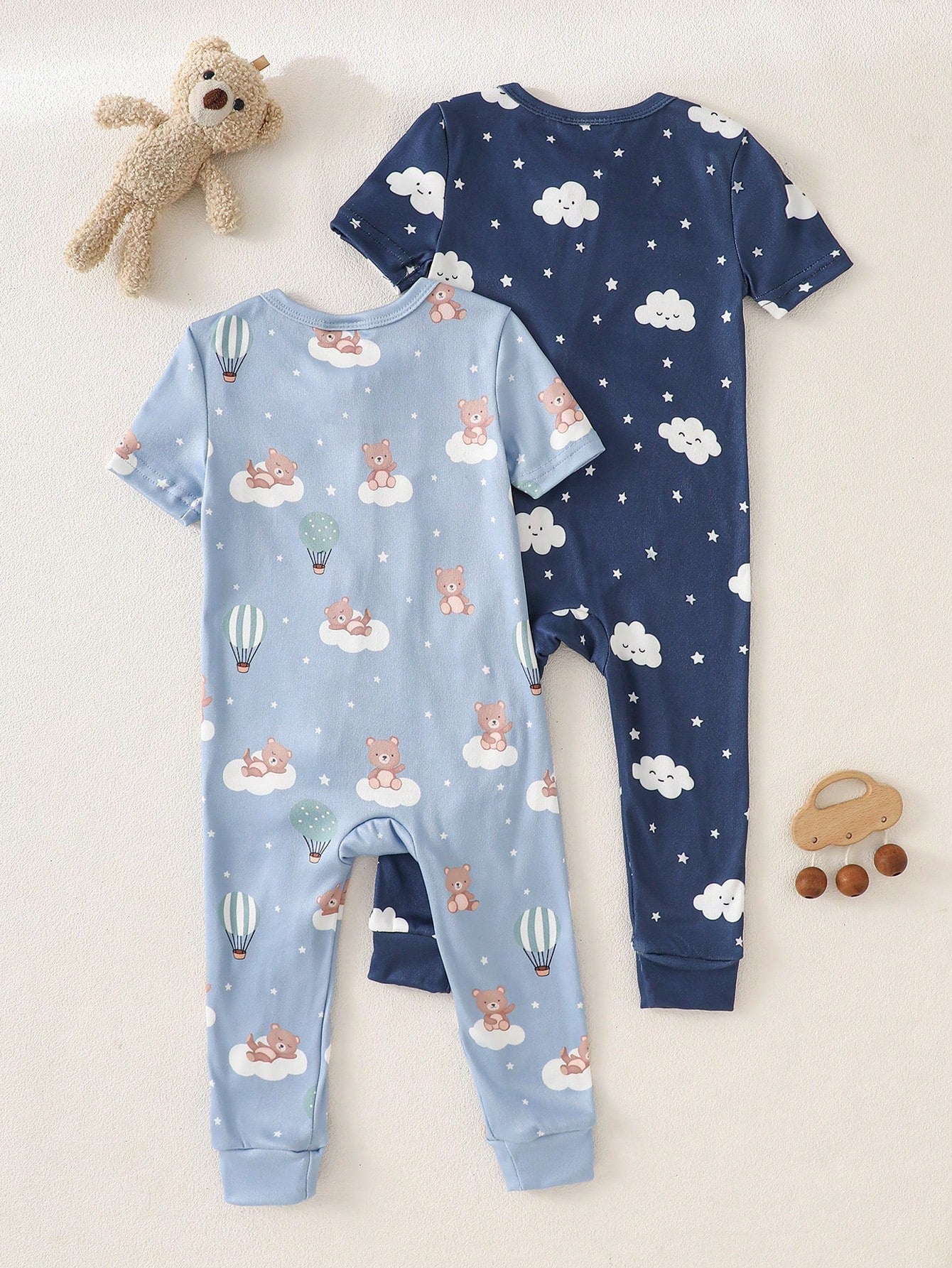 2pcs Baby Boy Cartoon Cloud & Bear Print Tight-Fit Short Sleeve Top And Pants Set, Casual Comfortable Soft Stretchy Zipper Pajamas, Summer