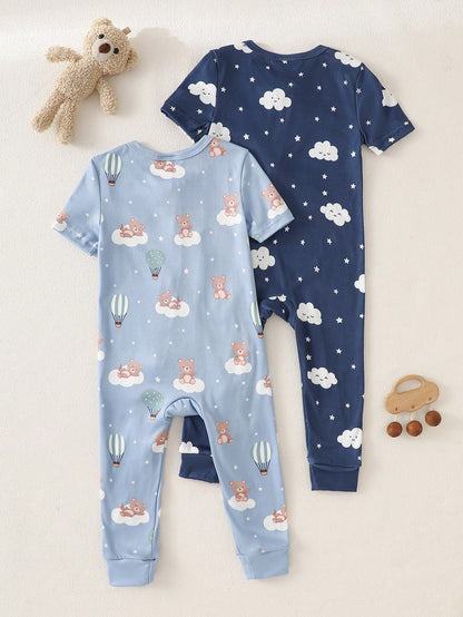 2pcs Baby Boy Cartoon Cloud & Bear Print Tight-Fit Short Sleeve Top And Pants Set, Casual Comfortable Soft Stretchy Zipper Pajamas, Summer
