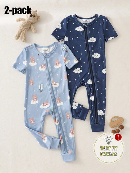 2pcs Baby Boy Cartoon Cloud & Bear Print Tight-Fit Short Sleeve Top And Pants Set, Casual Comfortable Soft Stretchy Zipper Pajamas, Summer