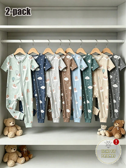 2pcs Baby Boy Cartoon Cloud & Bear Print Tight-Fit Short Sleeve Top And Pants Set, Casual Comfortable Soft Stretchy Zipper Pajamas, Summer