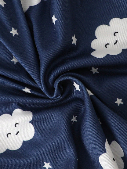 2pcs Baby Boy Cartoon Cloud & Bear Print Tight-Fit Short Sleeve Top And Pants Set, Casual Comfortable Soft Stretchy Zipper Pajamas, Summer