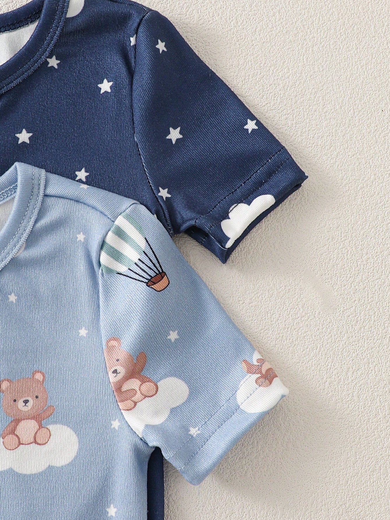 2pcs Baby Boy Cartoon Cloud & Bear Print Tight-Fit Short Sleeve Top And Pants Set, Casual Comfortable Soft Stretchy Zipper Pajamas, Summer