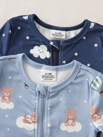 2pcs Baby Boy Cartoon Cloud & Bear Print Tight-Fit Short Sleeve Top And Pants Set, Casual Comfortable Soft Stretchy Zipper Pajamas, Summer