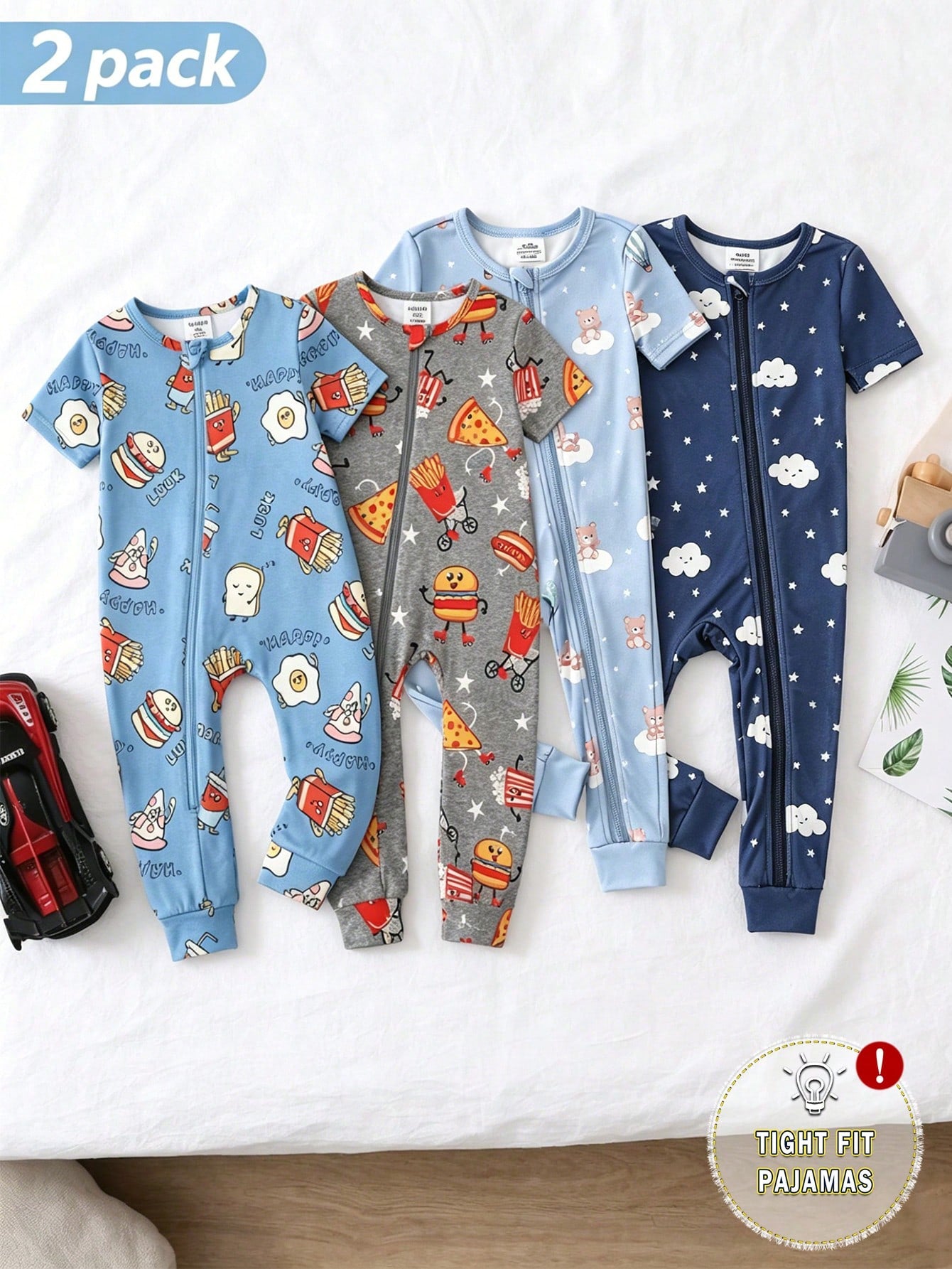 2pcs Baby Boy Cartoon Cloud & Bear Print Tight-Fit Short Sleeve Top And Pants Set, Casual Comfortable Soft Stretchy Zipper Pajamas, Summer