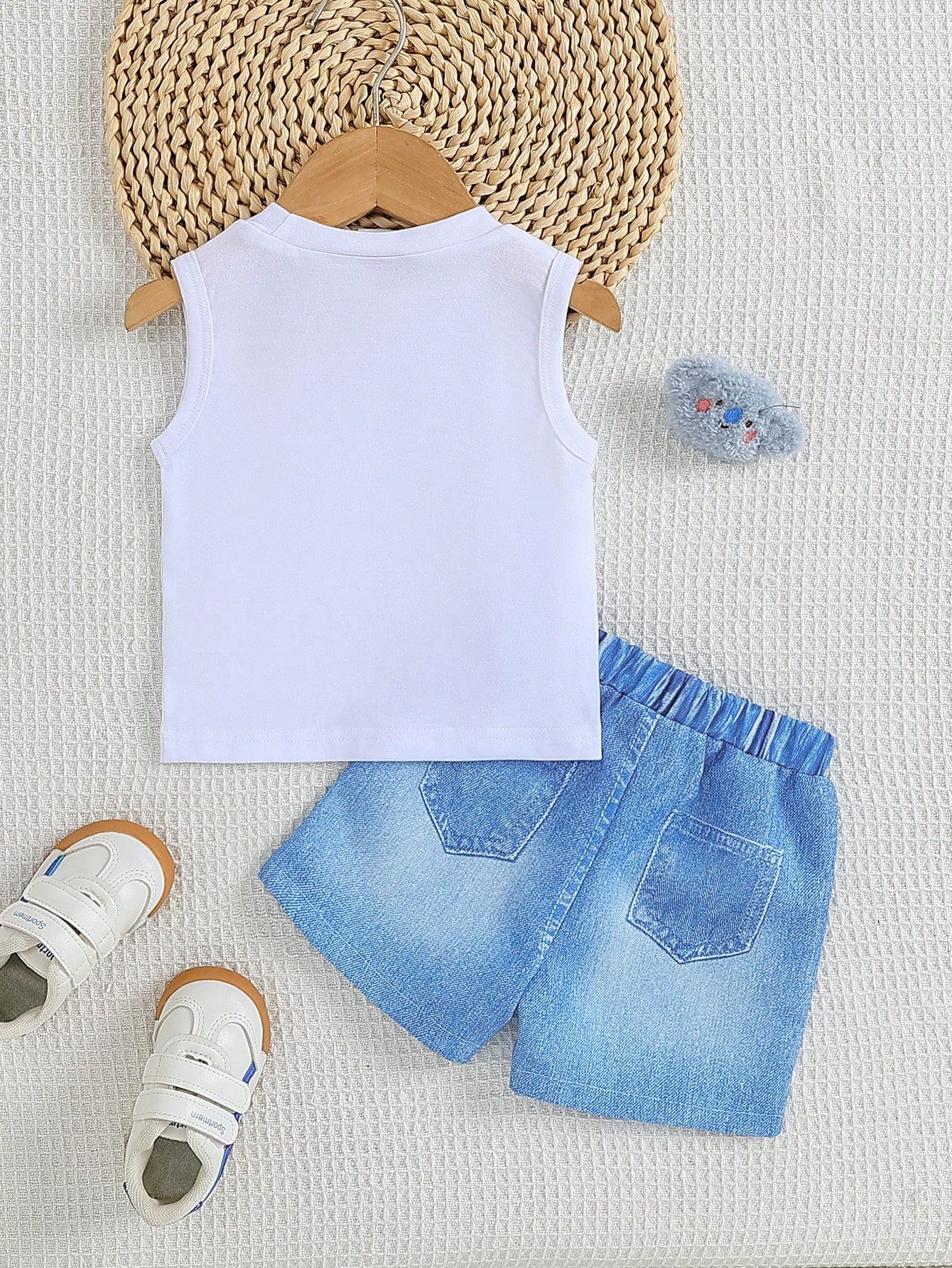2pcs Baby Boy Casual Cool Boy Graphic Print Top And Denim Effect Elastic Waist Shorts Set, Comfortable Outfit For Daily, Outdoor & Sports Wear, Summer