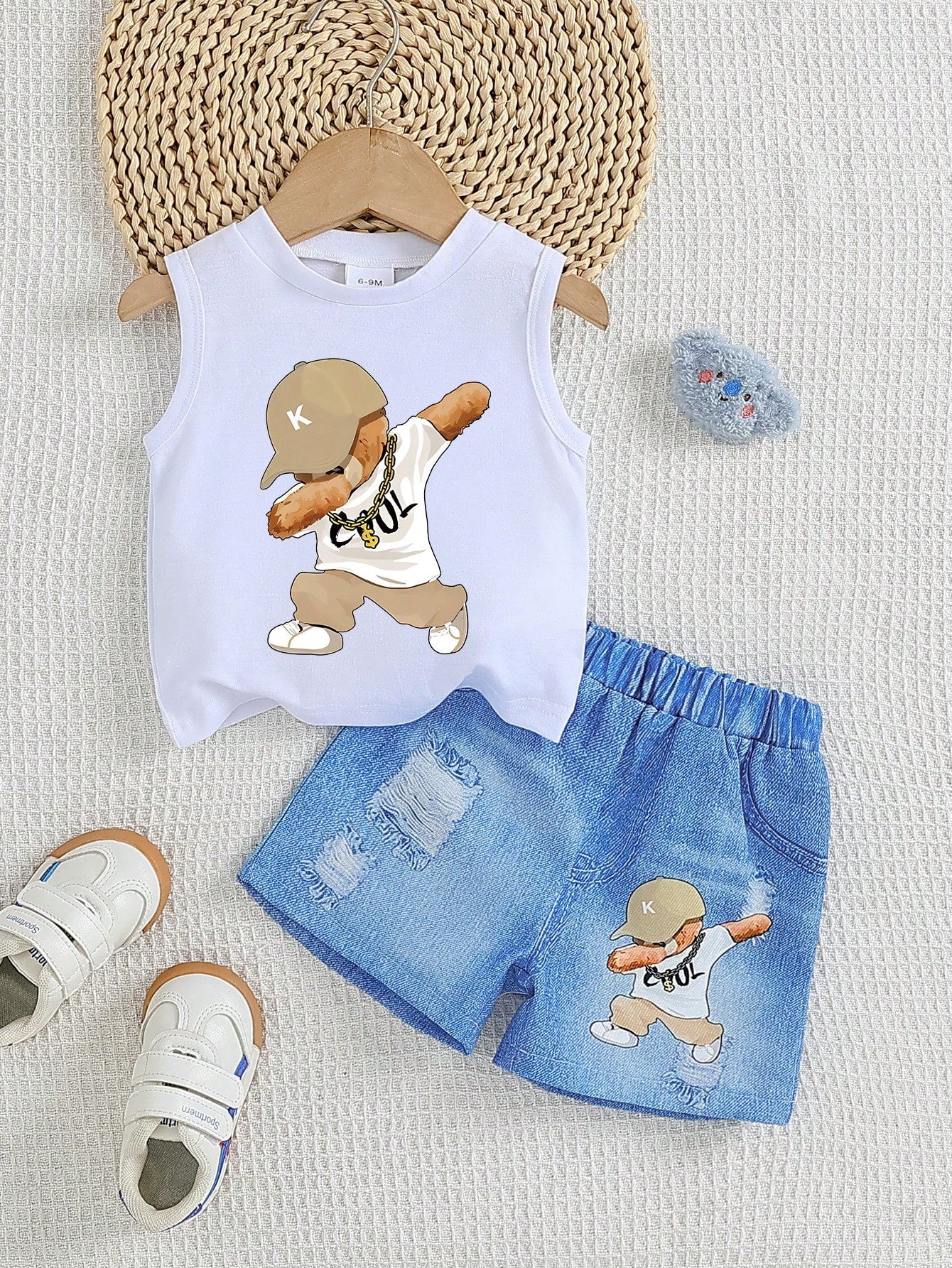 2pcs Baby Boy Casual Cool Boy Graphic Print Top And Denim Effect Elastic Waist Shorts Set, Comfortable Outfit For Daily, Outdoor & Sports Wear, Summer