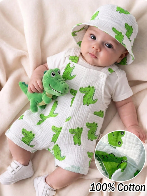 2pcs Baby Boy Summer Cute Crocodile Print Bib Overalls And Hat Set, Newborn Bib Pants, Infant Toddler Bib Pants, Boys Summer Bib Pants And Hat, Unisex