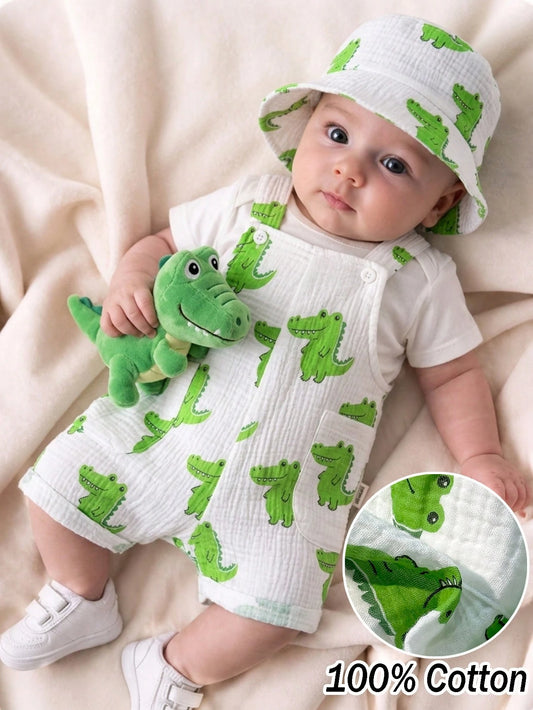 2pcs Baby Boy Summer Cute Crocodile Print Bib Overalls And Hat Set, Newborn Bib Pants, Infant Toddler Bib Pants, Boys Summer Bib Pants And Hat, Unisex